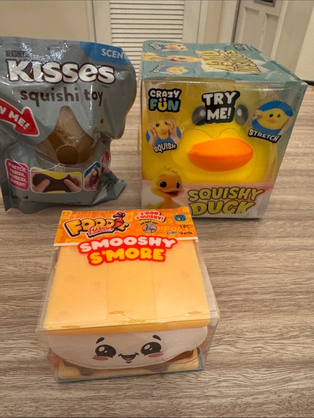 Yellow Squishy Duck, Smooshy S’more & kisses Squishi. Set of 3. NEW